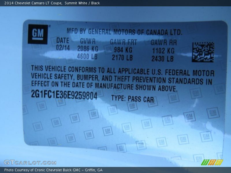Summit White / Black 2014 Chevrolet Camaro LT Coupe