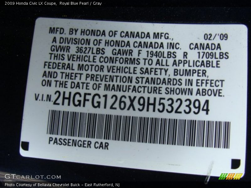 Royal Blue Pearl / Gray 2009 Honda Civic LX Coupe