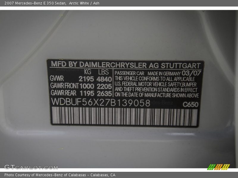 Arctic White / Ash 2007 Mercedes-Benz E 350 Sedan
