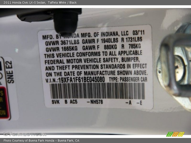 Taffeta White / Black 2011 Honda Civic LX-S Sedan