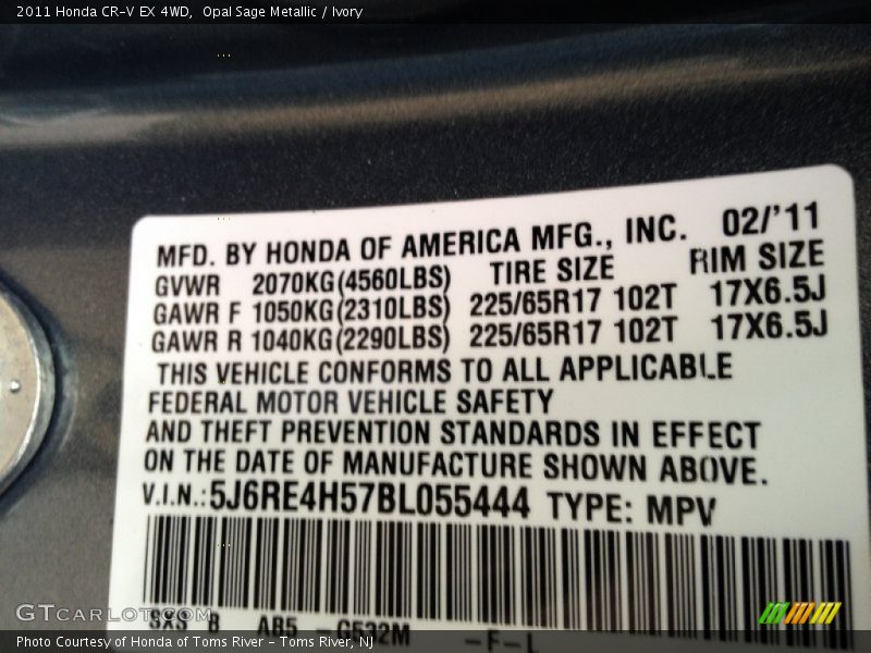 Opal Sage Metallic / Ivory 2011 Honda CR-V EX 4WD