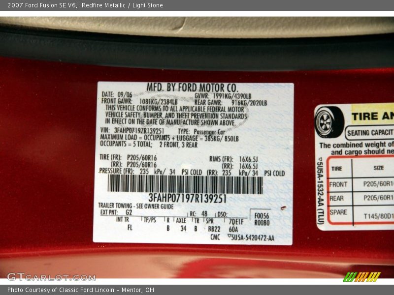 2007 Fusion SE V6 Redfire Metallic Color Code G2