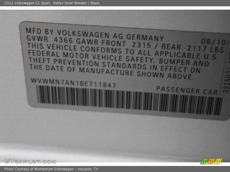 Reflex Silver Metallic / Black 2011 Volkswagen CC Sport