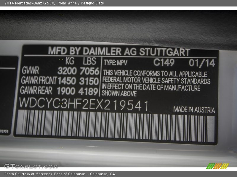 2014 G 550 Polar White Color Code 149