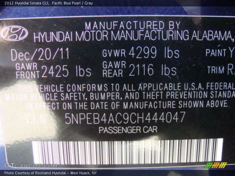 Pacific Blue Pearl / Gray 2012 Hyundai Sonata GLS