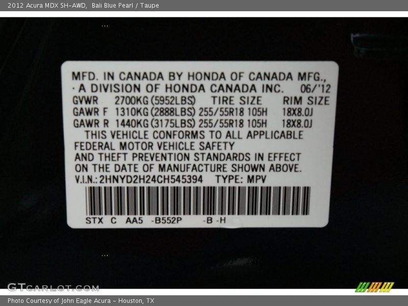 Bali Blue Pearl / Taupe 2012 Acura MDX SH-AWD