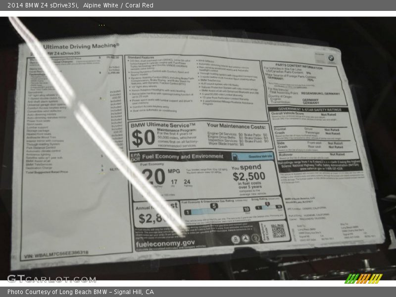  2014 Z4 sDrive35i Window Sticker