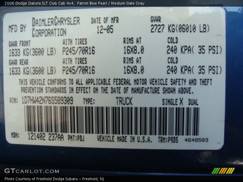Patriot Blue Pearl / Medium Slate Gray 2006 Dodge Dakota SLT Club Cab 4x4