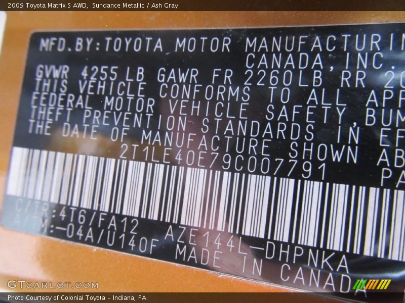 2009 Matrix S AWD Sundance Metallic Color Code 4T6