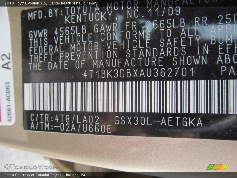 Sandy Beach Metallic / Ivory 2010 Toyota Avalon XLS