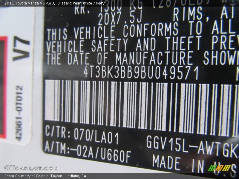 Blizzard Pearl White / Ivory 2011 Toyota Venza V6 AWD