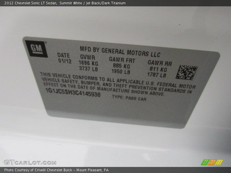 Summit White / Jet Black/Dark Titanium 2012 Chevrolet Sonic LT Sedan