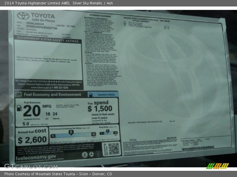  2014 Highlander Limited AWD Window Sticker