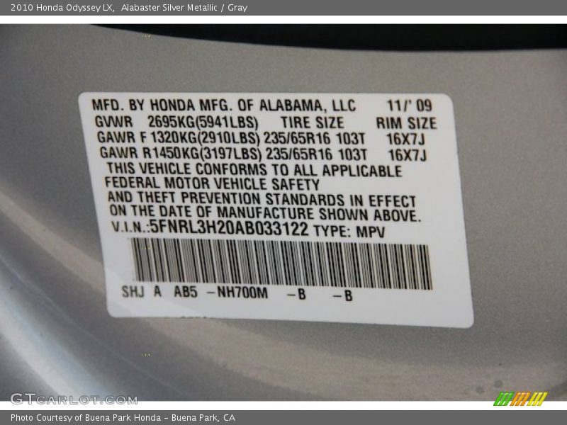 Alabaster Silver Metallic / Gray 2010 Honda Odyssey LX