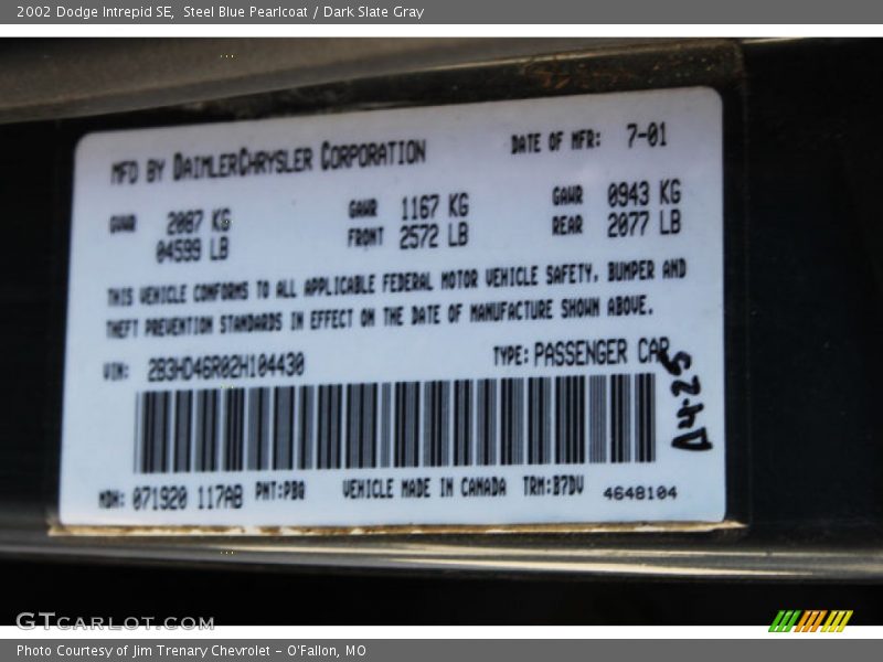 Steel Blue Pearlcoat / Dark Slate Gray 2002 Dodge Intrepid SE