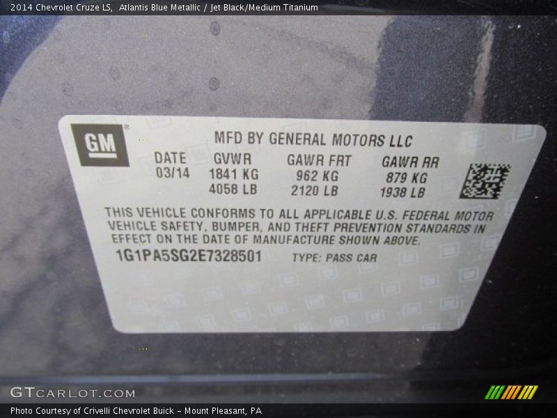 Atlantis Blue Metallic / Jet Black/Medium Titanium 2014 Chevrolet Cruze LS