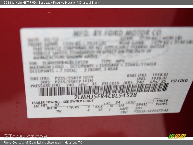 2012 MKT FWD Bordeaux Reserve Metallic Color Code RZ