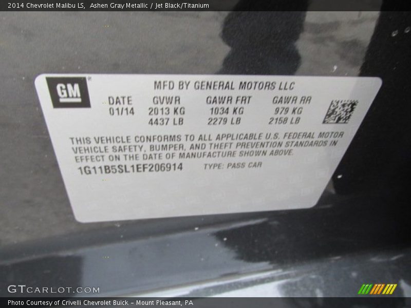 Ashen Gray Metallic / Jet Black/Titanium 2014 Chevrolet Malibu LS