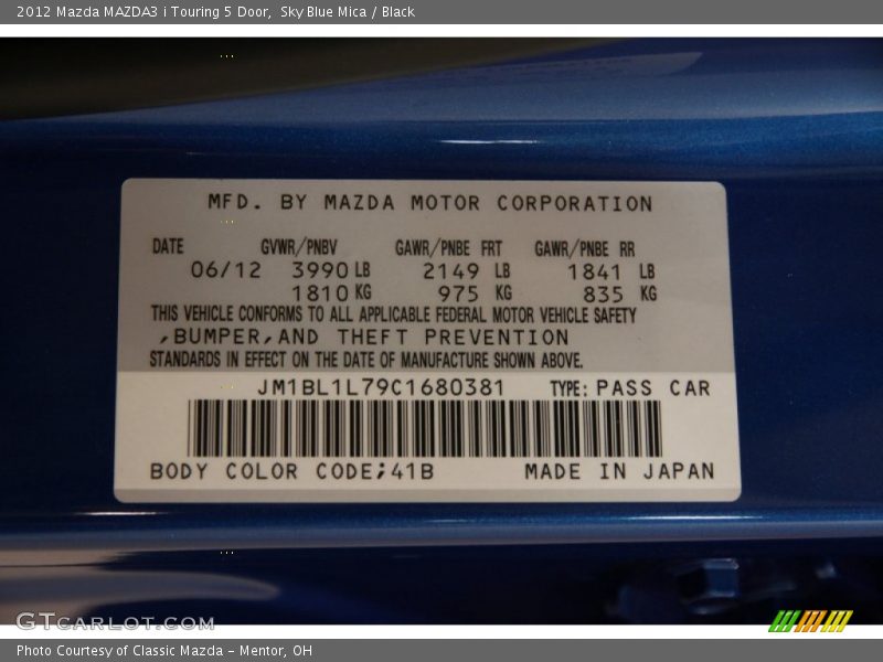 Sky Blue Mica / Black 2012 Mazda MAZDA3 i Touring 5 Door