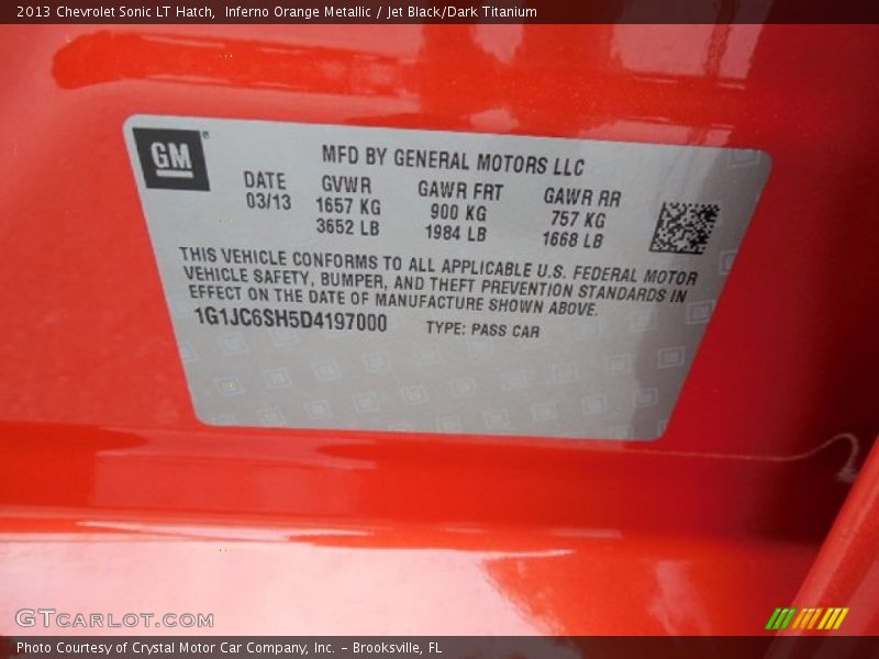 Inferno Orange Metallic / Jet Black/Dark Titanium 2013 Chevrolet Sonic LT Hatch