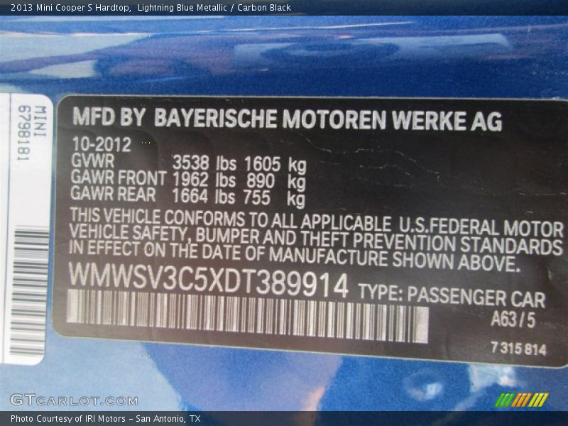 Lightning Blue Metallic / Carbon Black 2013 Mini Cooper S Hardtop