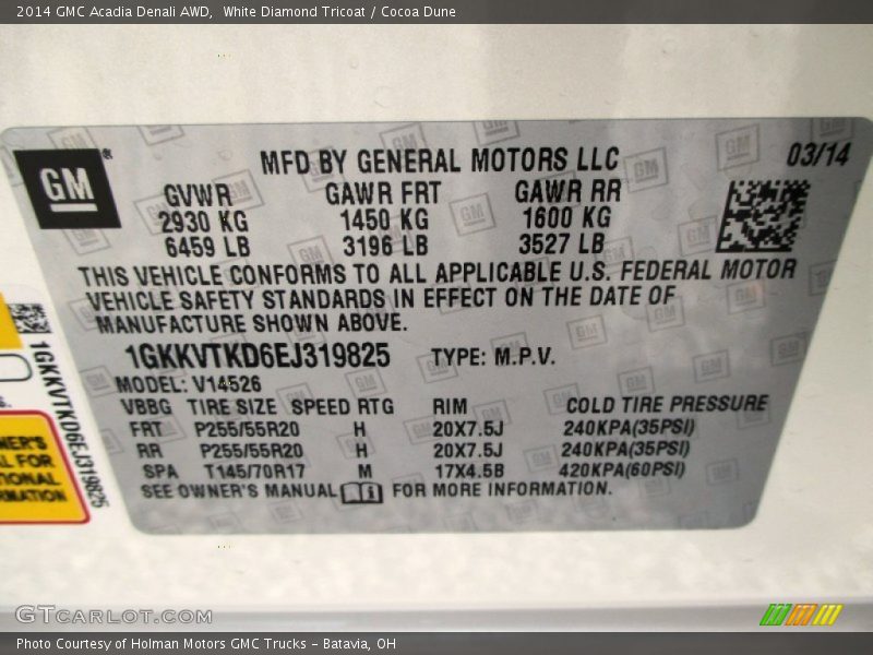 White Diamond Tricoat / Cocoa Dune 2014 GMC Acadia Denali AWD