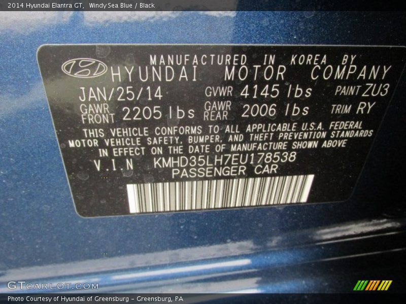 Windy Sea Blue / Black 2014 Hyundai Elantra GT