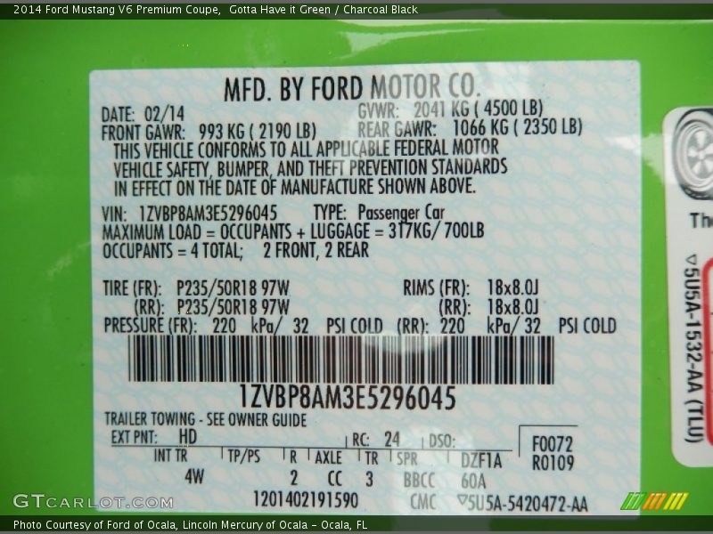 Gotta Have it Green / Charcoal Black 2014 Ford Mustang V6 Premium Coupe