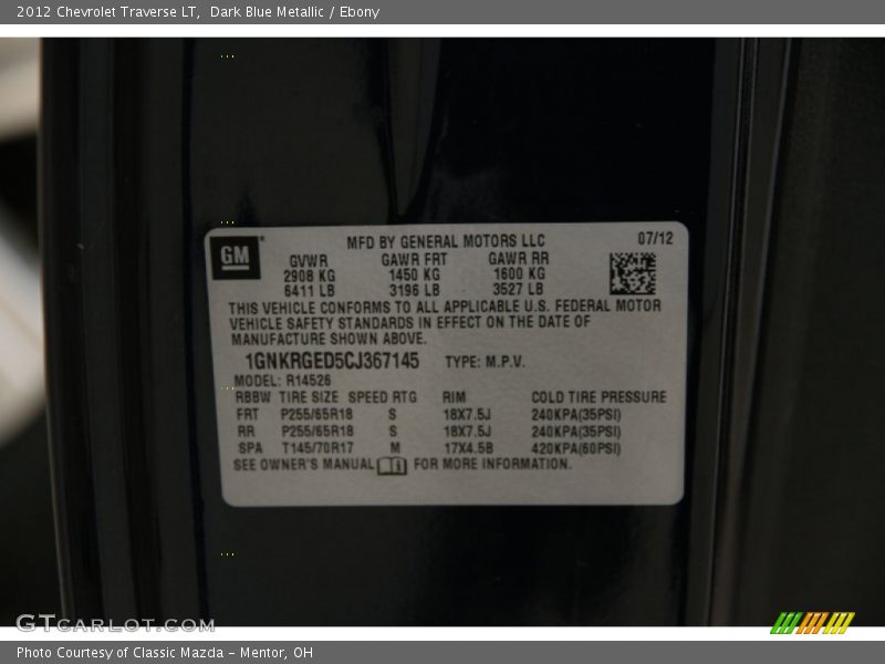 Dark Blue Metallic / Ebony 2012 Chevrolet Traverse LT
