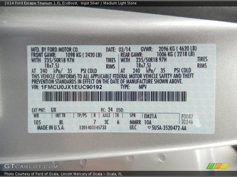 2014 Escape Titanium 1.6L EcoBoost Ingot Silver Color Code UX