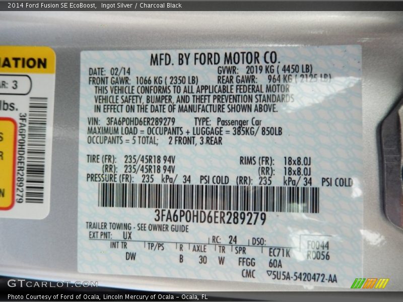 Ingot Silver / Charcoal Black 2014 Ford Fusion SE EcoBoost