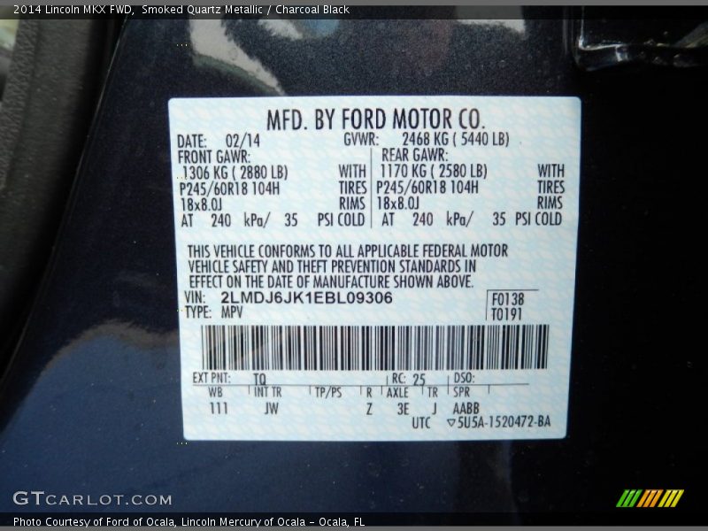 2014 MKX FWD Smoked Quartz Metallic Color Code TQ