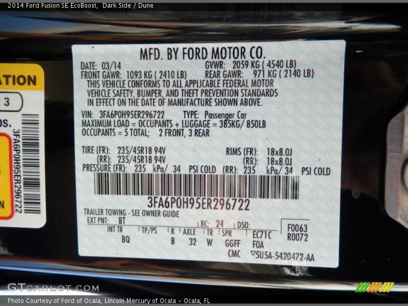 2014 Fusion SE EcoBoost Dark Side Color Code BT