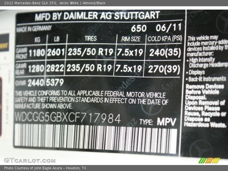 Arctic White / Almond/Black 2012 Mercedes-Benz GLK 350