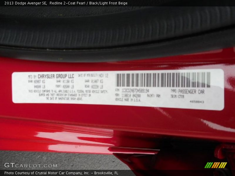 Redline 2-Coat Pearl / Black/Light Frost Beige 2013 Dodge Avenger SE