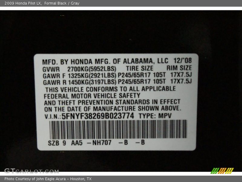 Formal Black / Gray 2009 Honda Pilot LX