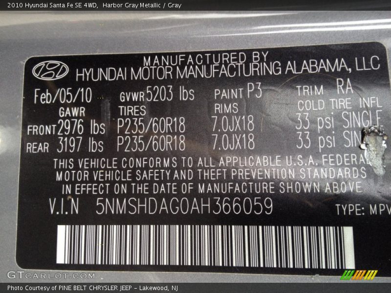Harbor Gray Metallic / Gray 2010 Hyundai Santa Fe SE 4WD
