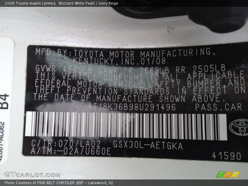 Blizzard White Pearl / Ivory Beige 2008 Toyota Avalon Limited
