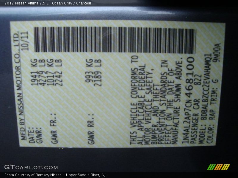 Ocean Gray / Charcoal 2012 Nissan Altima 2.5 S