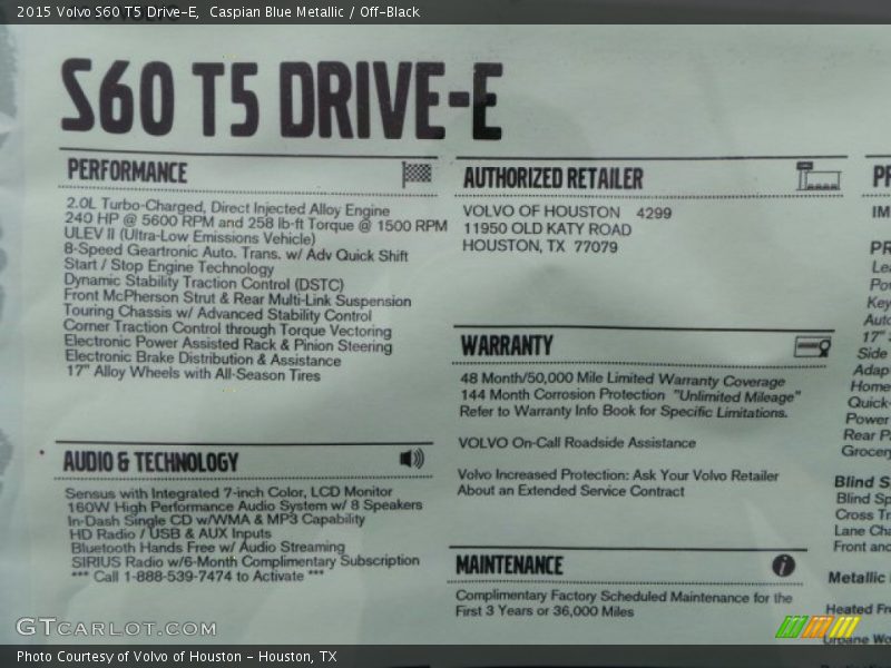  2015 S60 T5 Drive-E Window Sticker