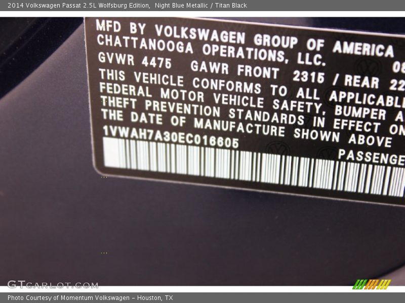 Night Blue Metallic / Titan Black 2014 Volkswagen Passat 2.5L Wolfsburg Edition