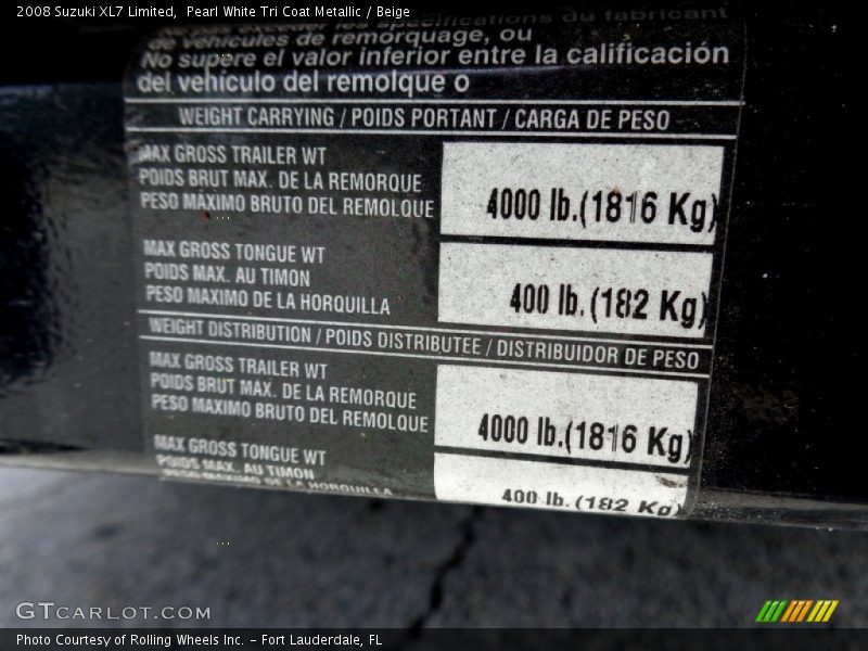 Pearl White Tri Coat Metallic / Beige 2008 Suzuki XL7 Limited