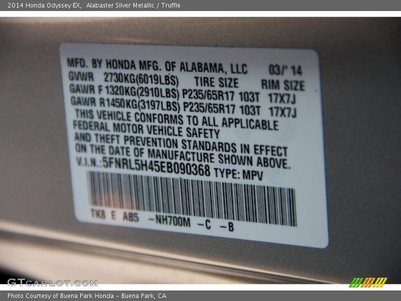 Alabaster Silver Metallic / Truffle 2014 Honda Odyssey EX