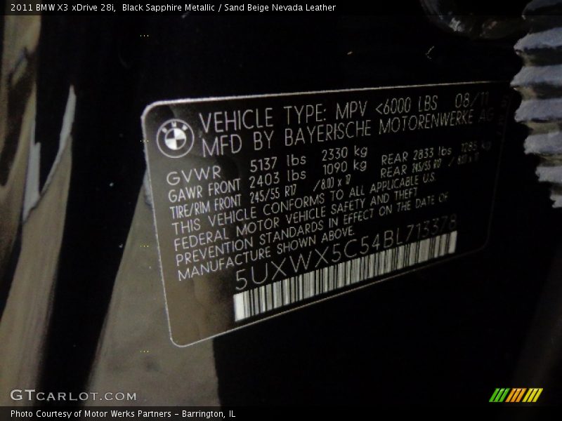 Black Sapphire Metallic / Sand Beige Nevada Leather 2011 BMW X3 xDrive 28i