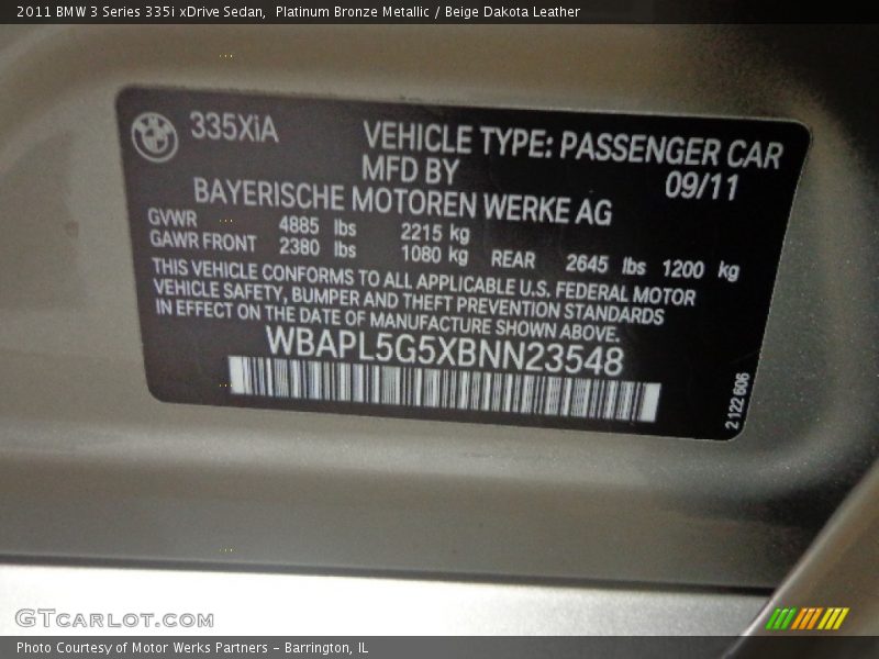 Info Tag of 2011 3 Series 335i xDrive Sedan