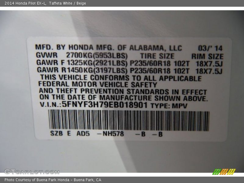Taffeta White / Beige 2014 Honda Pilot EX-L