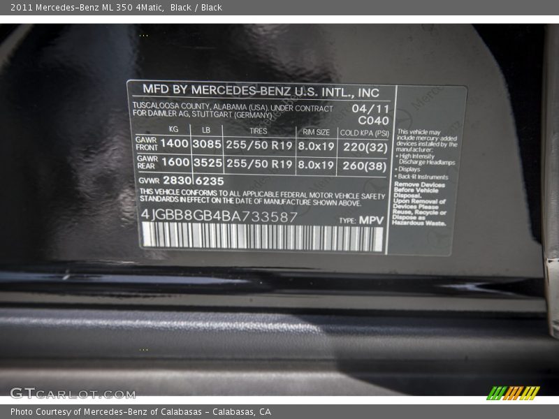 Black / Black 2011 Mercedes-Benz ML 350 4Matic