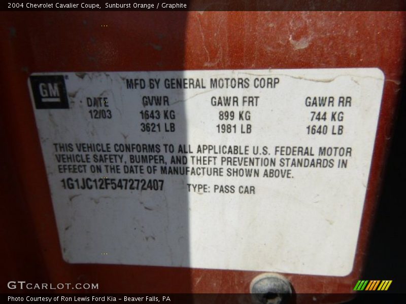 Sunburst Orange / Graphite 2004 Chevrolet Cavalier Coupe