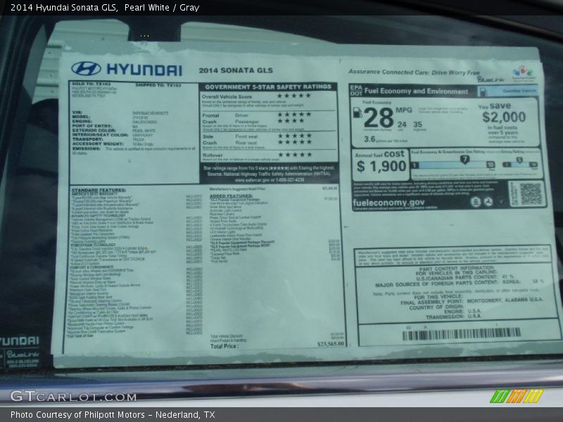Pearl White / Gray 2014 Hyundai Sonata GLS