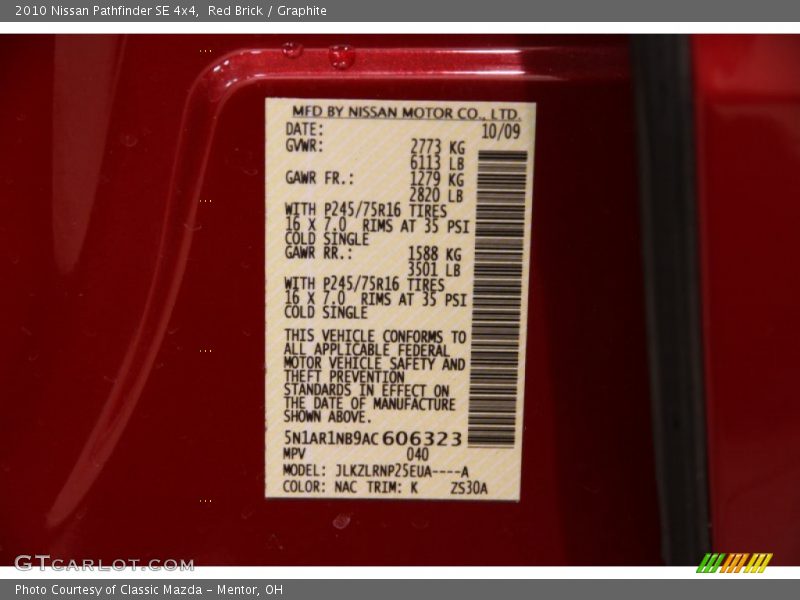 Red Brick / Graphite 2010 Nissan Pathfinder SE 4x4